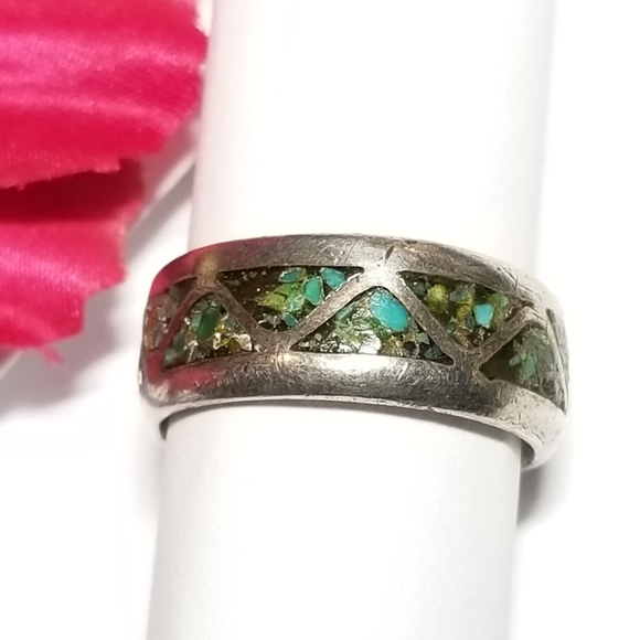 Relisted -vintage inlay ring crushed stone silver tone 8.75  8 3/4 - Picture 7 of 16